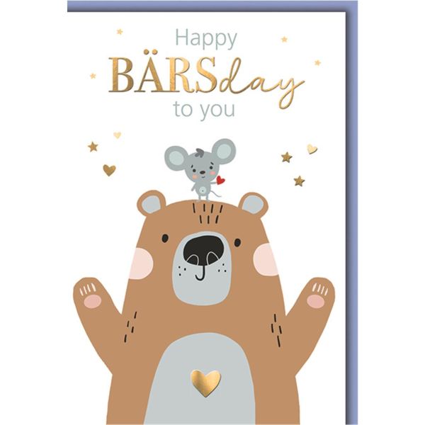 Geburtstag Glückwunschkarte mit Umschlag Happy Bärsday m. Maus u. Bär