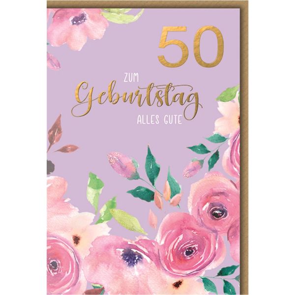 50. Geburtstag Glückwunschkarte mit Umschlag Rosa Blumen