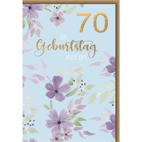 70. Geburtstag - Glückwunschkarte im Format 11,5 x 17 cm mit Umschlag - Violette Blumen - Verlag Dominique