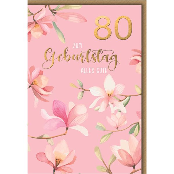 80. Geburtstag Glückwunschkarte mit Umschlag Kirschblüten rosa