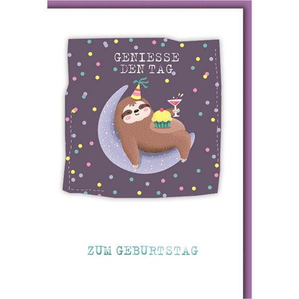 Geburtstag Glückwunschkarte mit Umschlag Faultier mit Cupcake