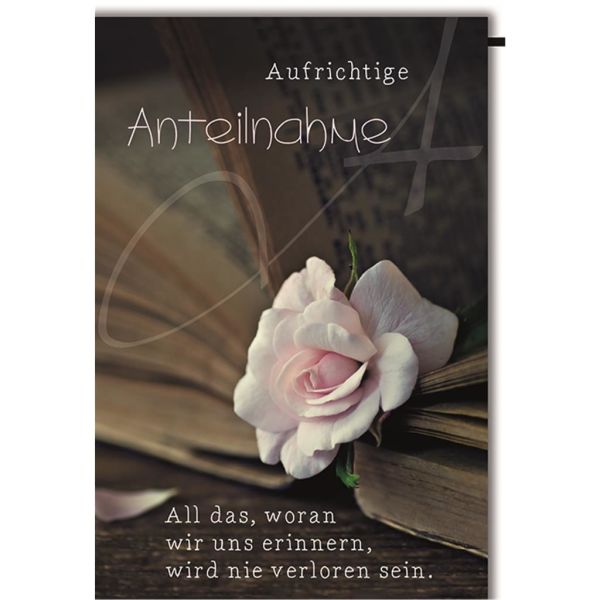 Trauer Beileid Kondolenzkarte mit Umschlag Rose im Buch