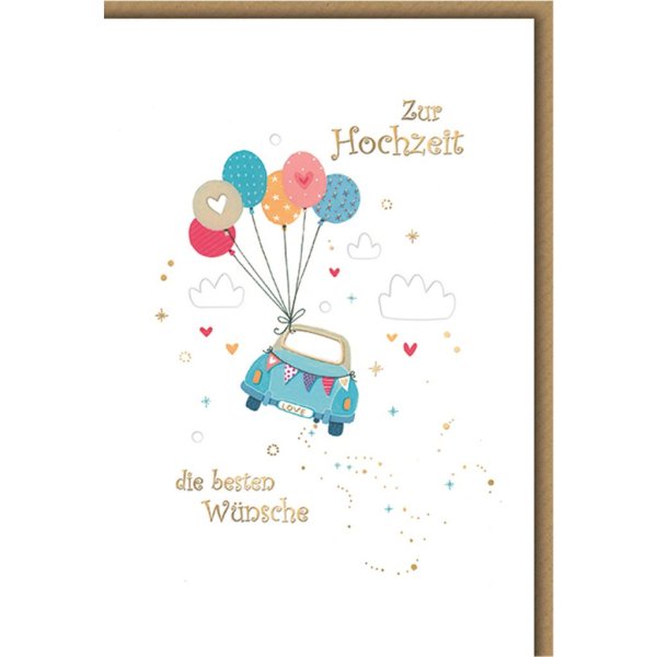 Hochzeit  - Glückwunschkarte im Format 11,5 x 17 cm mit Umschlag - fliegendes Auto - Verlag Dominique