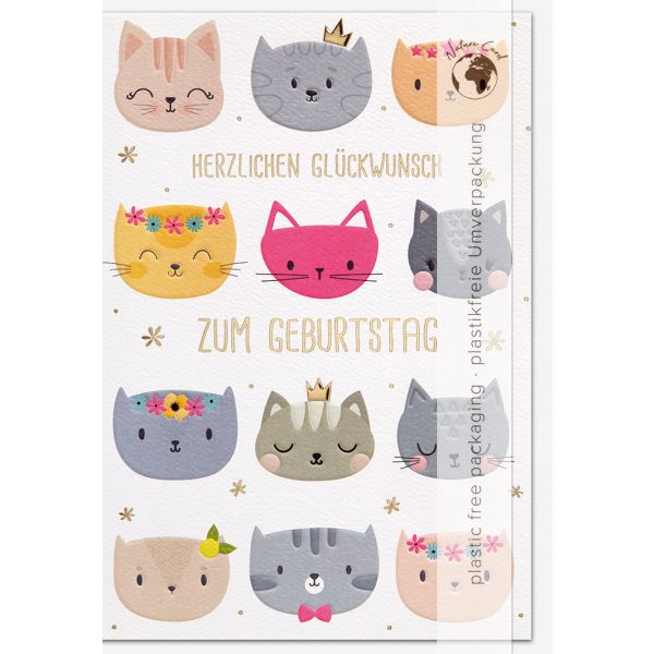 Geburtstag Good Vibes unverpackte Glückwunschkarte mit Umschlag Bunte Katzen Herzlichen Glückwunsch