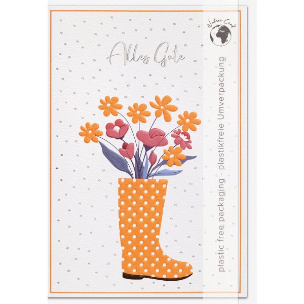 Allgemeine Wünsche Good Vibes unverpackte Glückwunschkarte mit Umschlag Blumen Gummistiefel Alles Gute