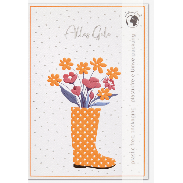 Allgemeine Wünsche Good Vibes unverpackte Glückwunschkarte mit Umschlag Blumen Gummistiefel Alles Gute
