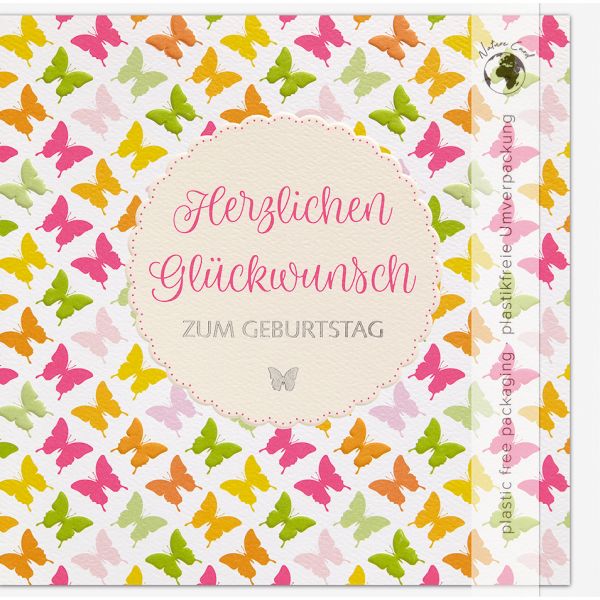 Geburtstag Good Vibes Quadratische unverpackte Glückwunschkarte mit Umschlag Schmetterlinge Herzlichen Glückwunsch