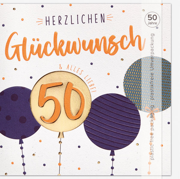 50. Geburtstag - Good Vibes - Glückwunschkarte im Format 15,5 x 15,5 cm mit Briefumschlag