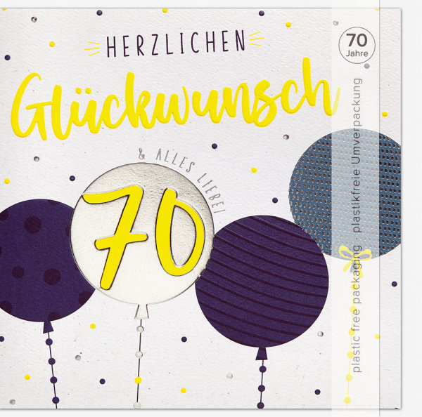 70. Geburtstag - Good Vibes - Glückwunschkarte im Format 15,5 x 15,5 cm mit Briefumschlag