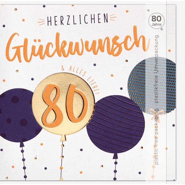 80. Geburtstag Good Vibes Quadratische unverpackte Glückwunschkarte mit Umschlag 80 Herzlichen Glückwunsch Alles Liebe