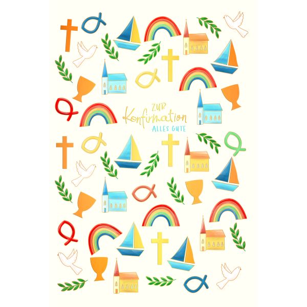 Konfirmation Fisch Regenbogen Kreuz Kelch Kirche Naturkarton Glückwunschkarte mit Umschlag