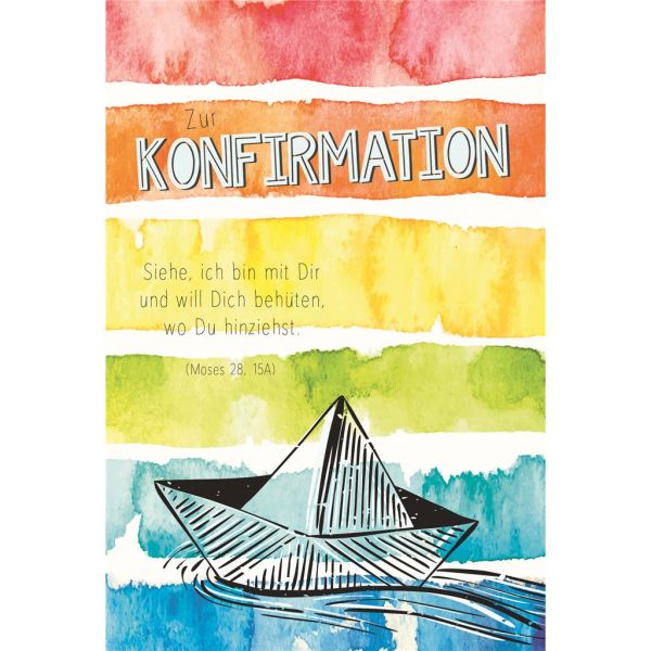 Konfirmation Papierschiff auf Wasser bunte Streifen Naturkarton Glückwunschkarte mit Umschlag