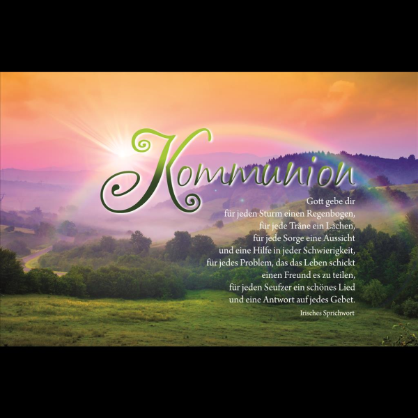 Kommunion Glückwunschkarte mit Umschlag Wiese mit Bäumen Sonnenuntergang Regenbogen über Tal