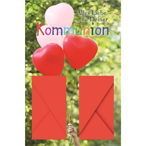 Kommunion Glückwunschkarte mit Umschlag Hand hält bunte Luftballons
