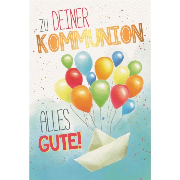 Kommunion Naturkarton Glückwunschkarte mit Umschlag Papierschiffchen an Luftballons