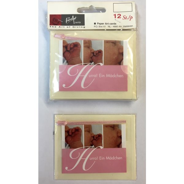 Zur Geburt Baby Mädchen Minikarte 8x6 cm mit Briefumschlag und Schleifchen – Hurra! Ein Mädchen