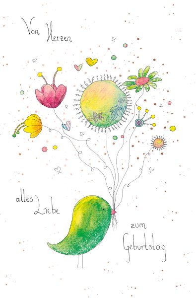 Geburtstag - Glückwunschkarte im Format 11,5 x 17 cm mit Umschlag - Vogel mit Herzen und Blumen