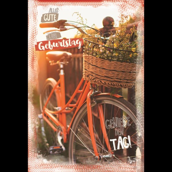 Geburtstag - Glückwunschkarte im Format 11,5 x 17 cm mit Umschlag - Fahrrad mit Blumen im Korb