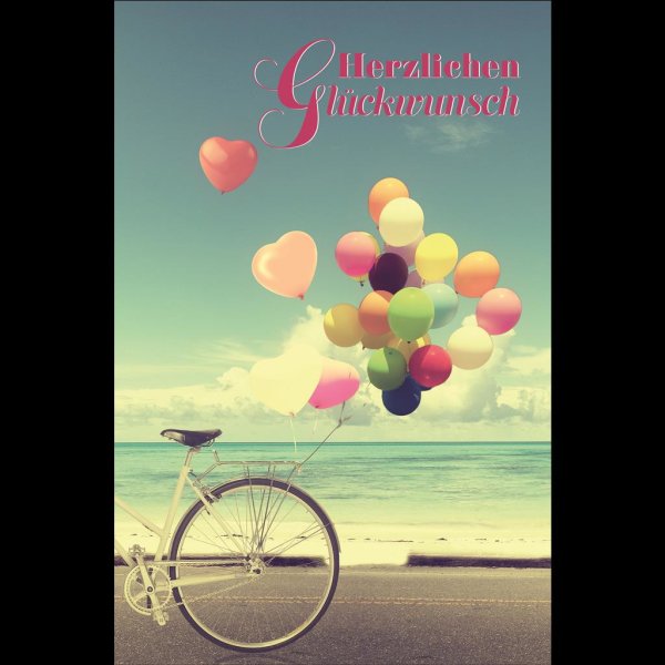 Geburtstag - Glückwunschkarte im Format 11,5 x 17 cm mit Umschlag - Fahrrad am Strand mit Luftballons