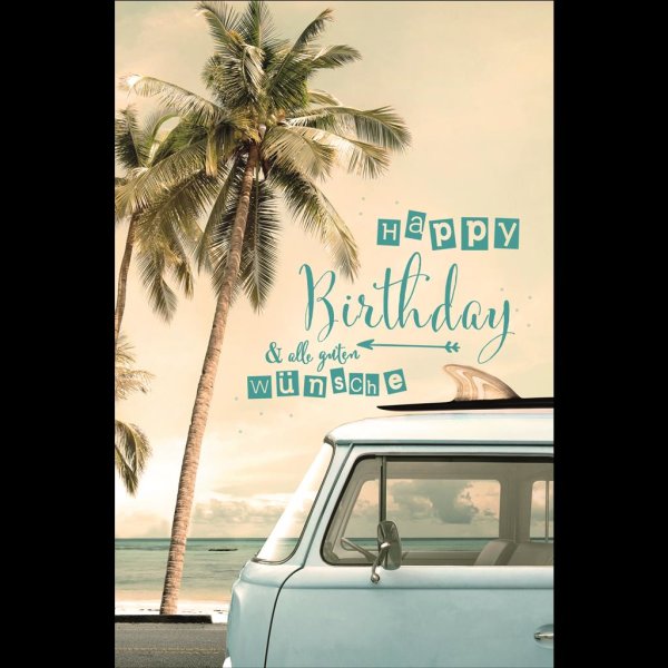 Geburtstag - Glückwunschkarte im Format 11,5 x 17 cm mit Umschlag - VW Bully mit Surfbrett am Strand