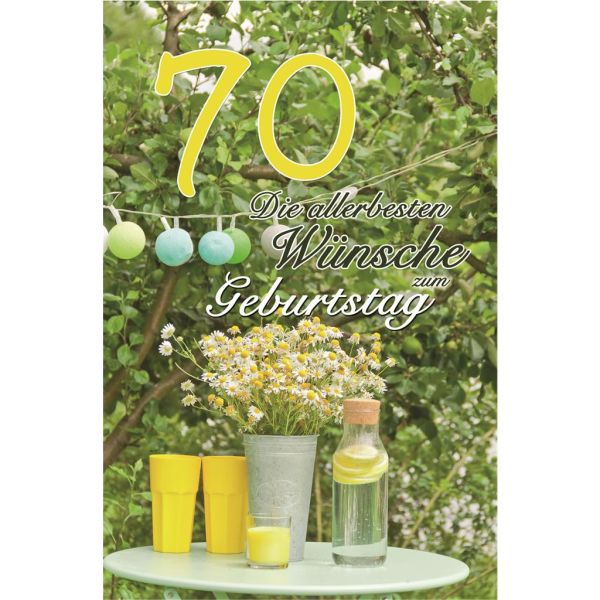 70. Geburtstag Karte mit Umschlag Gartentisch mit Blumengesteck und Getränk