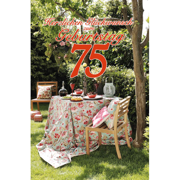 A 75 . Geburtstag Karte mit Umschlag gedeckter Gartentisch