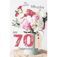 70. Geburtstag - Karte mit Umschlag - Giesskanne mit Blumen