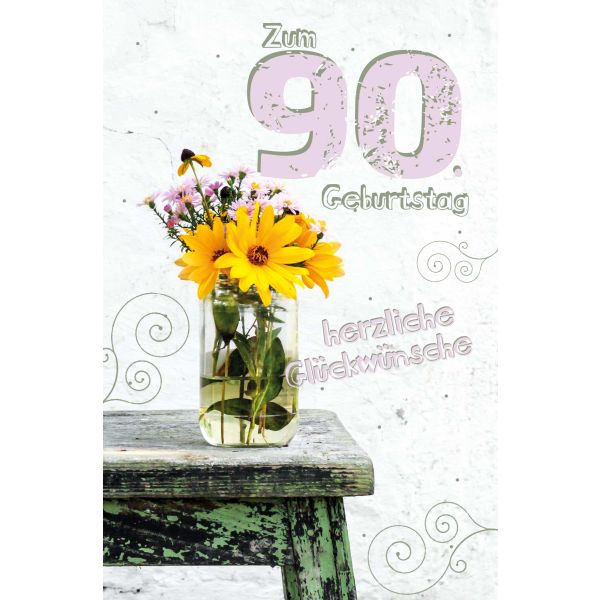 A 90. Geburtstag Karte mit Umschlag Glasvase mit Blumen