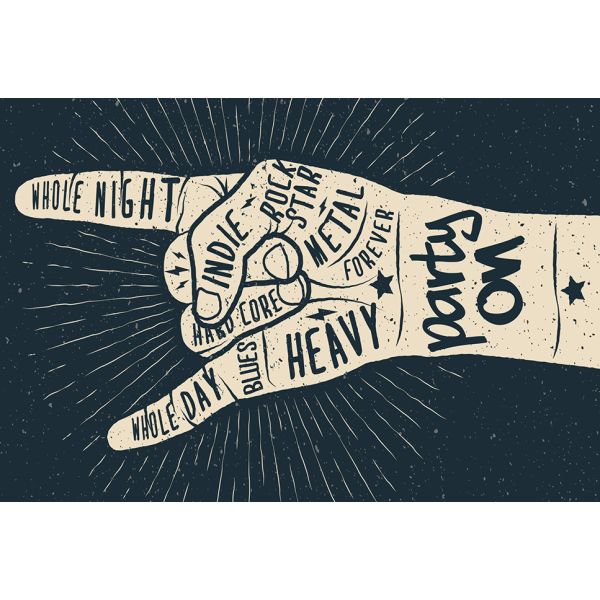 Postkarte #like Hand mit Schlagworten Party on Metal forever Rockstar