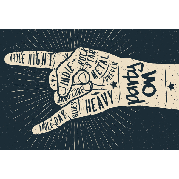 Postkarte #like Hand mit Schlagworten Party on Metal forever Rockstar