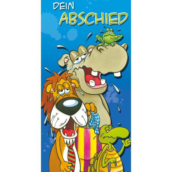 A - Abschied - Glückwunschkarte im Format 12 x 22 cm mit Briefumschlag - Löwe, Nilpferd, Frosch und Schildkröte