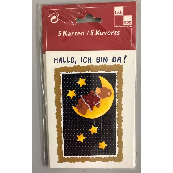 Geburt Ereignis Geburtsanzeige 5 Karten 5 Umschläge im Beutel  Hallo, Ich Bin Da