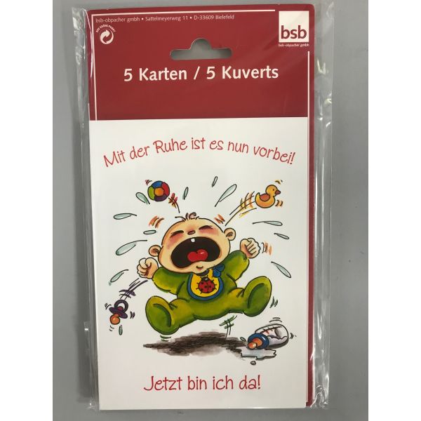 Geburt Ereignis Geburtsanzeige 5 Karten 5 Umschläge im Beutel  Mit der Ruhe ist es nun vorbei