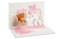 Geburt – Baby  -  PopUp-Card - Klappkarte mit 3D-Innenleben - Grußkarte mit Briefumschlag im Format: 11,5 x 17 cm  - Zur Geburt – pink -  BSB
