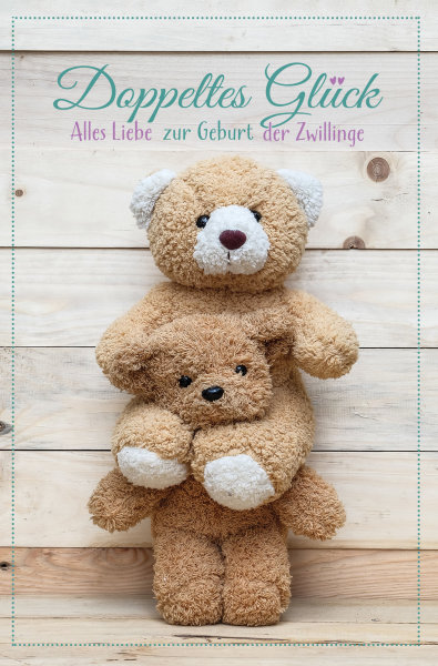 A - Geburt – Baby – Freudiges Ereignis - Zwillinge - Glückwunschkarte im Format 11,5 x 17 cm mit Umschlag - Teddy
