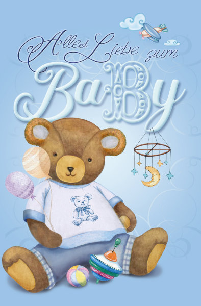 Geburt – Baby – Freudiges Ereignis - Glückwunschkarte im Format 11,5 x 17 cm mit Umschlag - Teddy, Junge