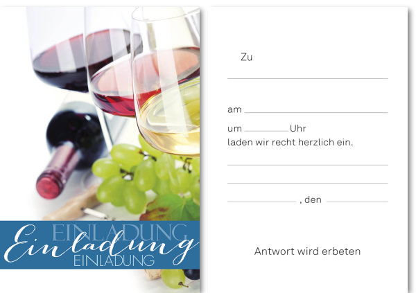 Einladung (5 Stück) – Weingläser mit Flasche - Karte mit Umschlag