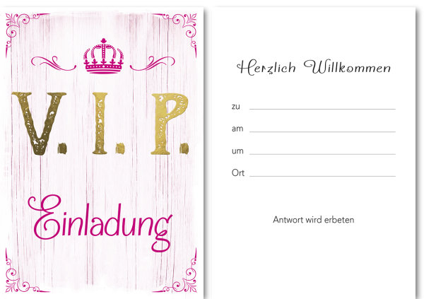 Einladung (5 Stück) – V.I.P. Pink - Karte im Format 10,5 x 15cm mit Umschlag