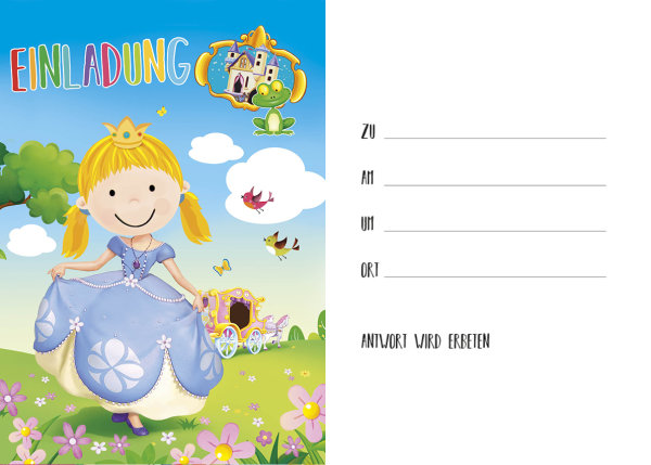 Einladung Postkarten  (8 Stück) – Prinzessin - Karte im Format 10,5 x 15 cm mit Umschlag