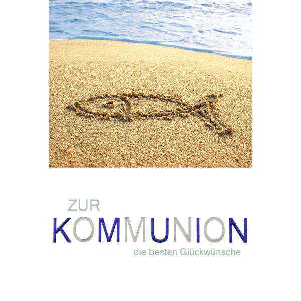 Kommunion Karte mit Umschlag Fisch in Sand gezeichnet am Meer