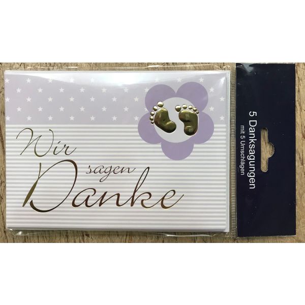 Danksagung 5 Danksagungen mit Umschlägen Goldene Babyfüße, lila
