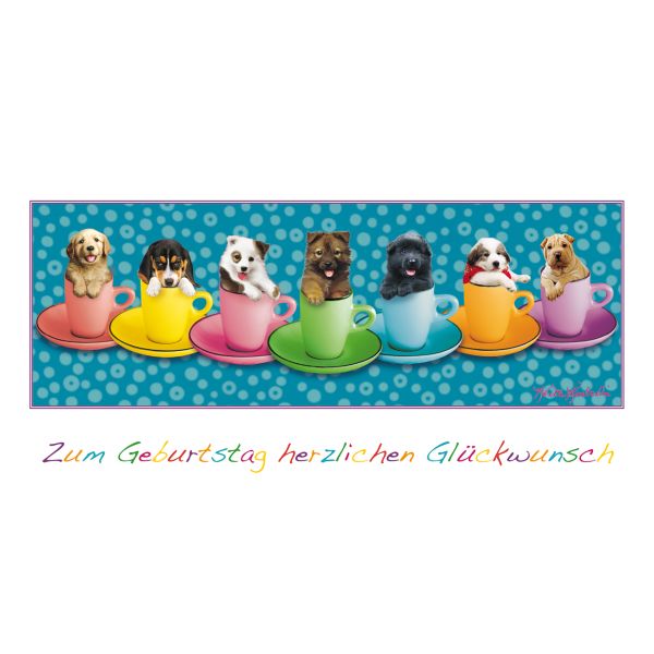 Geburtstag Glückwunschkarte 11,5 x 22 cm mit Umschlag – Welpen Kaffeetassen Hunde