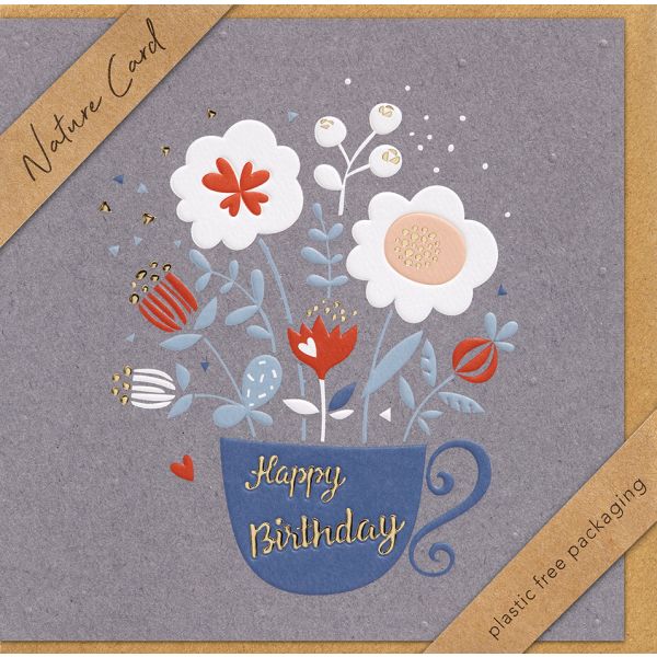 Geburtstag Nature Cards Quadratische unverpackte Glückwunschkarte mit Umschlag Blumen Tasse Happy Birthday