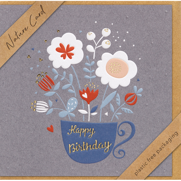 Geburtstag Nature Cards Quadratische unverpackte Glückwunschkarte mit Umschlag Blumen Tasse Happy Birthday