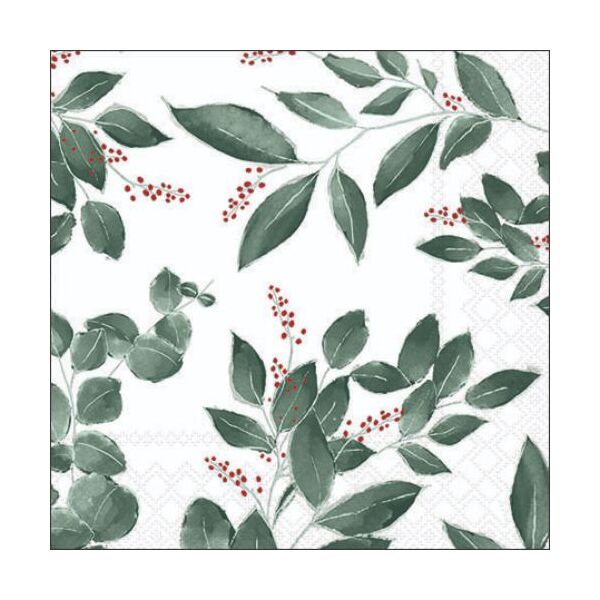 Cocktail Servietten 25 x 25 cm 3-lagig 20 Servietten Leaves and berries white Blätter und Beeren weiss