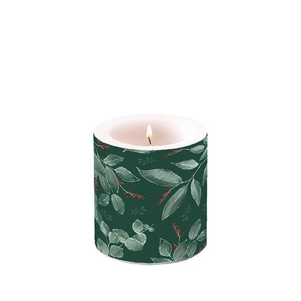 Kerze klein Candle small Format: Ø 7,5 cm x 9 cm 1 Kerze pro Packung Leaves and berries green Blätter und Beeren grün