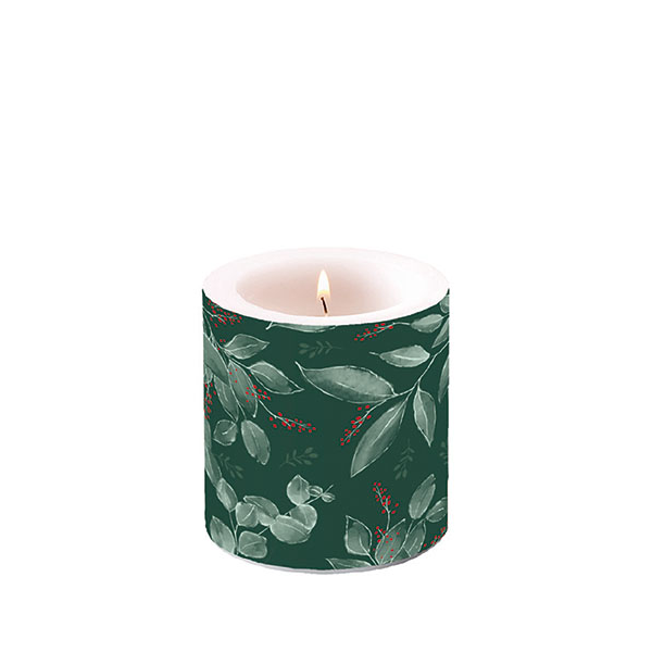 Kerze klein Candle small Format: Ø 7,5 cm x 9 cm 1 Kerze pro Packung Leaves and berries green Blätter und Beeren grün
