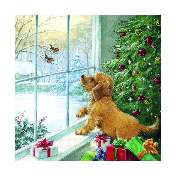 A Weihnachten Servietten Format: 33 x 33 cm 3-lagig 20 Servietten Dog watching birds