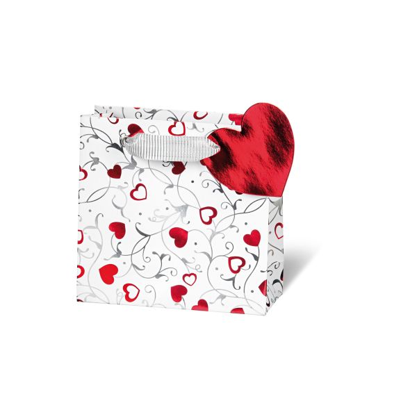 Tasche klein - CD-Format 14,5x15x6 cm - Silver Hearts - rote Herzen - silberne Ranken