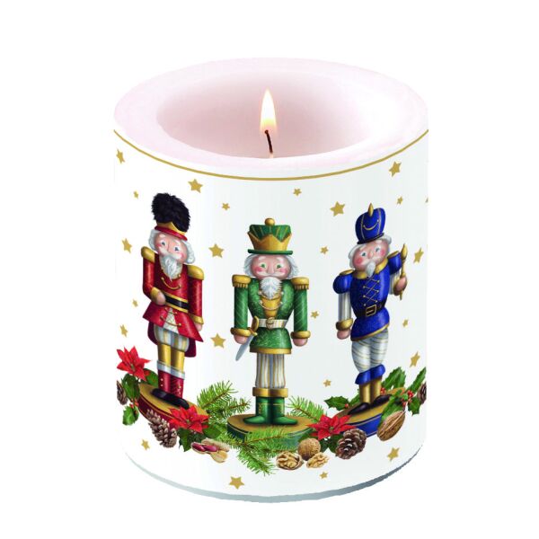 Weihnachten Kerze medium Ø 10 cm x 10 cm Brenndauer 45 Std Winter greenery white Nussknacker